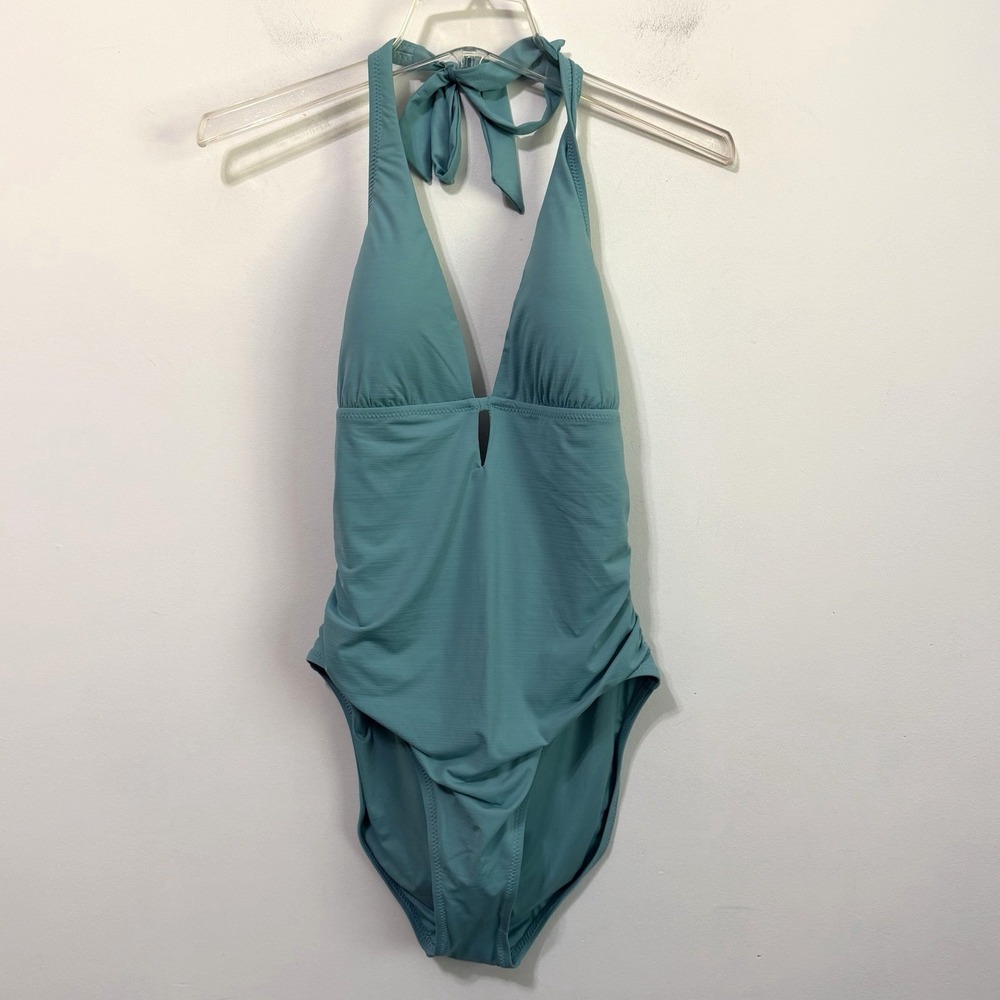 Helen Jon Kara Keyhole One Piece Swim Suit L Coastal Blue Plunge Designer NEW